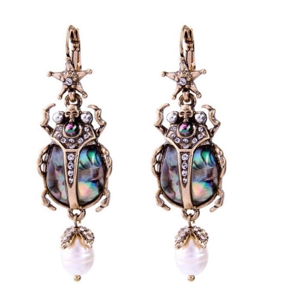 Emilene & Me Beetle Drop Earrings  Abalone Shell, Pearl & Crystal Insect